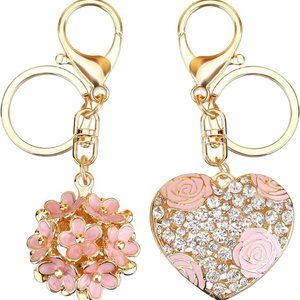 Flower Ball Keychain and Sweet Love Heart Rose Crystal 2 Pieces, Medium